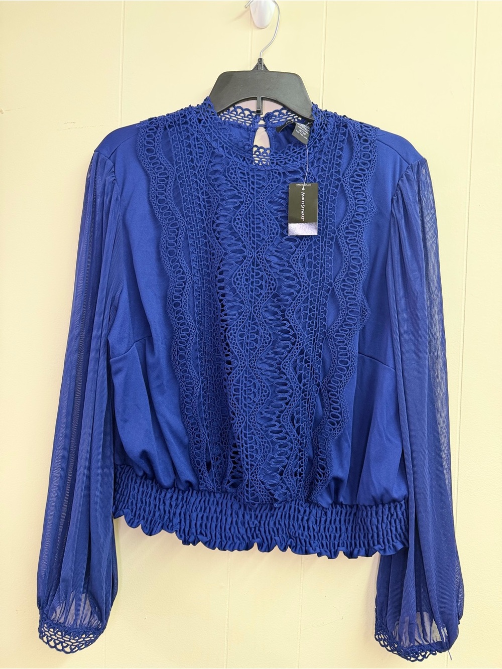 Ashley Stewart Royal Blue Crochet Front Long-Sleeve Blouse